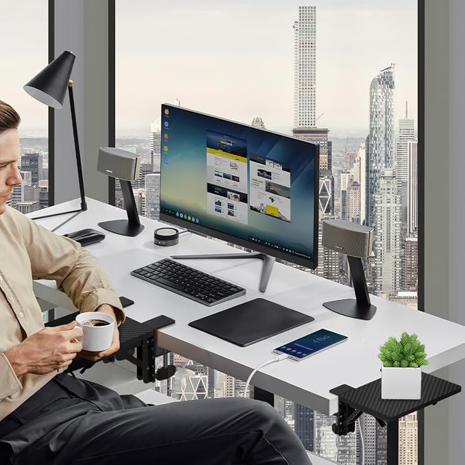 suptek Ergonomics Desk Extender Tray, 9.5"x9.1" Clamp on Table Mount Arm Wrist Rest Shelf, 90° Foldable Computer Arm Rest for Desk, Carbon Fiber, DSF3