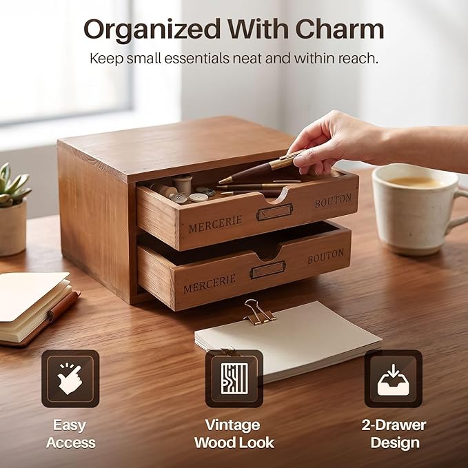 Flexzion Wooden Storage Box with 2 Drawers, Vintage Desktop Organizer | Compact Desk Organizer with Drawers for Office Supplies, Mail, Crafts and Vanity Items; 9.6 X 6.6 X 4.9 In; Fully Assembled