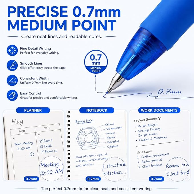 Volcanics Retractable Clicker Erasable Gel Pens, Blue Ink, 0.7mm, 12 Pack
