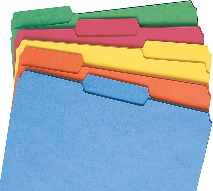 Smead File Folder, Reinforced 1/3-Cut Tab, Letter Size, Assorted Colors, 100 per Box (11993) | Premium colored stock, two-ply reinforced tabs in 3 positions, color-coded home and office drawer filing, SFI certified