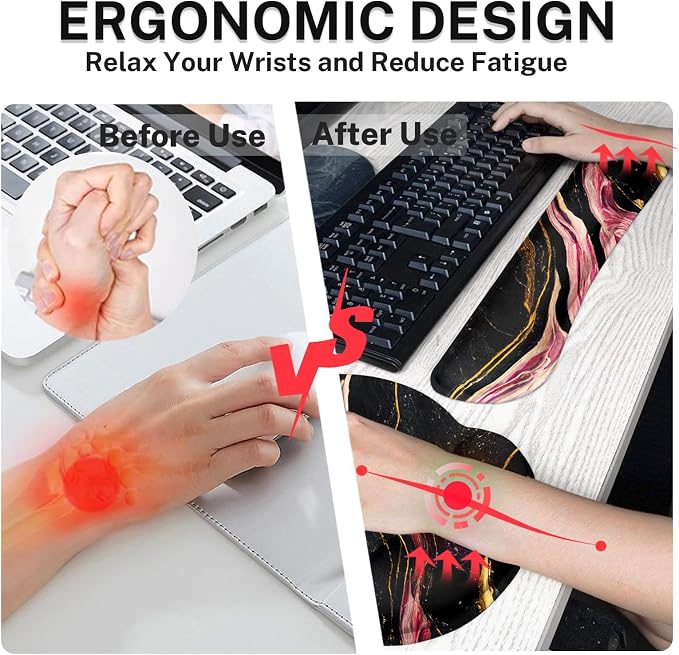 Keyboard Mouse Pad Set, 4 in 1 Desk Mat Set, Pink Black Marble | Gold Large Mousepad+Keyboard Wrist Rest+Mouse Wrist Rest+Coaster Ergonomic Design for Home Office Computer