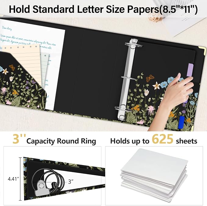 3 Ring Binder 3 Inch, Cute Round Ring Binder with 6 Tab Dividers & Label Stickers, Low Profile Clipboard with Storage, Fashion Binder for School Office Supplies (Wild Flowers)