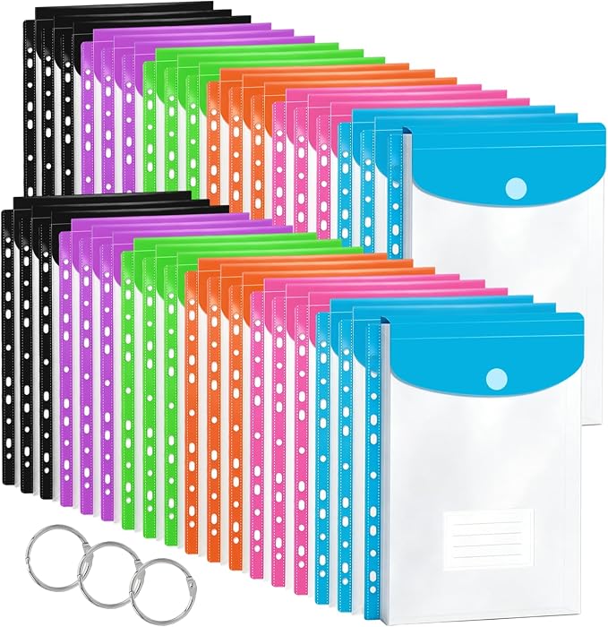 36 Pack Binder Folders with Pockets 11 Holes Expandable Dividers for 2/3/4 Ring Document Pouch with Label Loose-Leaf Transparent Binder Organizer for School Home Office