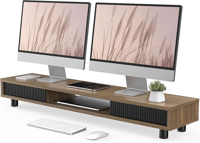 Fenge Dual Monitor Stand with Storage, Desk Shelf with Glass Sliding Door | Ergonomic Height Adjustment, 42.5in Monitor Shelf, 2-Tier Monitor Riser, Desk Organizer for Screen, PC, Laptop, Brown