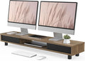 Fenge Dual Monitor Stand with Storage, Desk Shelf with Glass Sliding Door | Ergonomic Height Adjustment, 42.5in Monitor Shelf, 2-Tier Monitor Riser, Desk Organizer for Screen, PC, Laptop, Brown