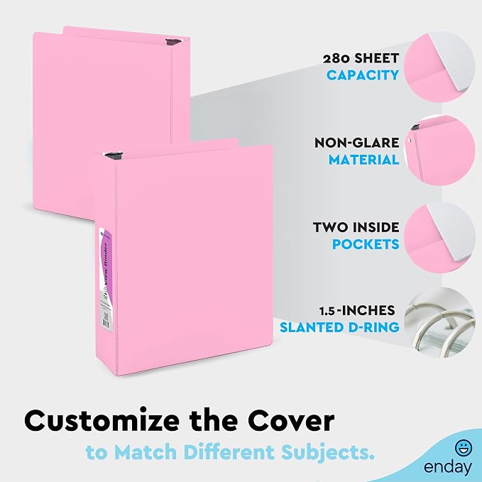 Enday 1.5 inch Binder 3 Ring Binder (6 Pack - Assorted Colors) O-Ring Binder with Clear View Cover and 2 Inside Pocket - for Letter Size 8.5 x 11'' Paper, Ideal for School Supplies, Office, and Home