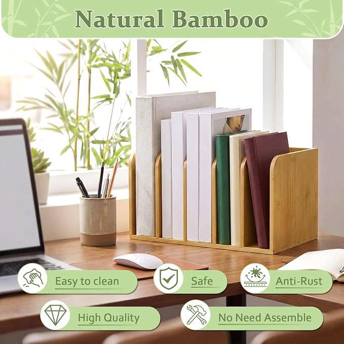 Novabright 5-Slot Bamboo Wooden Magazine File Holder Desk Organizer, 5 Vertical Compartments Workspace Sorters for Magazines, Binders, Notebooks, Envelopes