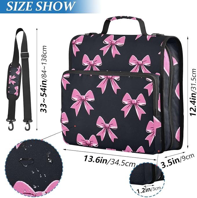 3 Ring Zipper Binder with Shoulder Strap Pink Bow Tie Black 2 Inch Zippered Binder Bag 500 Sheet Capacity Multi Pockets for School Supplies