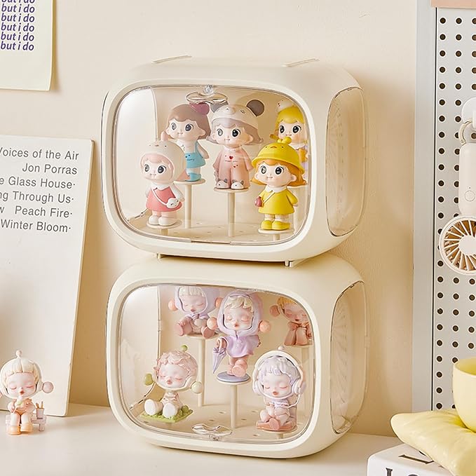 Clear Acrylic Display Case for Figures with LED Light, Dustproof & Moistureproof Display Stand with Door, Storage Box for Lego Collectibles, Action Figures, Pop Mart and Model Toys (Cream)