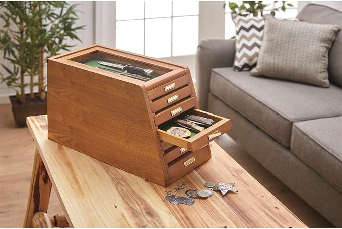 Collector's Cabinet Display Case for Collectibles, Wood 7-Drawer Storage Organizer Oak