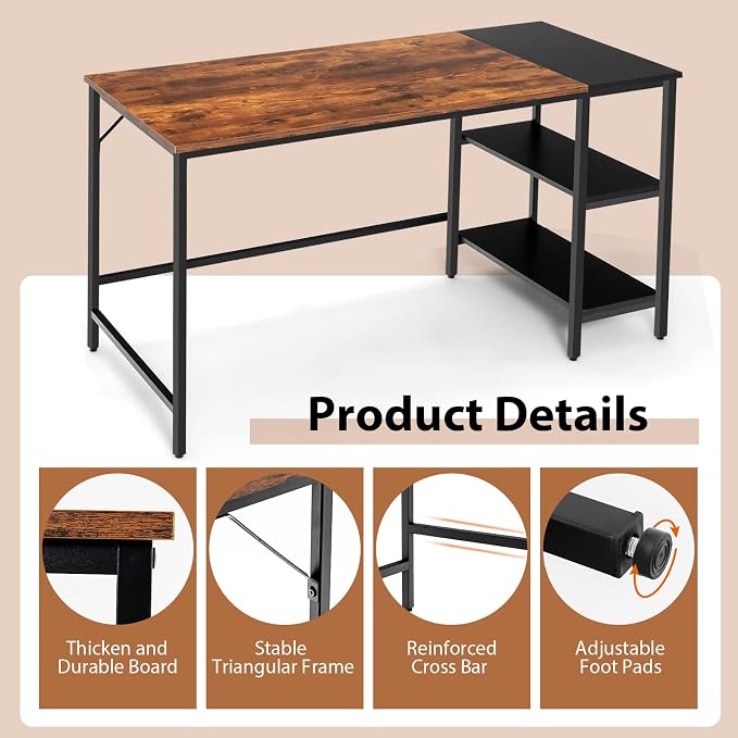 Multifunctional Computer Desk, Industrial Study Writing Desk w/Removable Storage Shelf, Heavy-Duty Metal Frame, 55 Inch Desk for Home Office, Gaming Room, Bedroom (Rustic Brown)