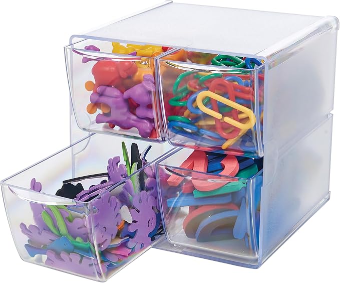 Deflecto Stackable Cube Organizer, Desk and Craft Organizer, 4 Drawers, Clear, Removable Drawers and Dividers, 6"W x 6"H x 7 1/8"D (350301CR)