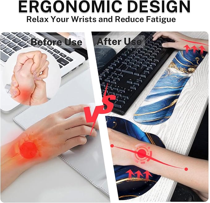Keyboard Mouse Pad Set, 4 in 1 Desk Mat Set, Marble Blue | Gold Large Mousepad+Keyboard Wrist Rest+Mouse Wrist Rest+Coaster Ergonomic Design for Home Office Computer