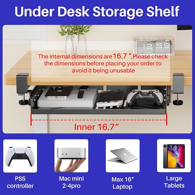 BYMECOST Sliding No Drill Under Desk Laptop Mount, Metal Storage Shelf | Slide Out Laptop Storage Tray for Macbook, Mac Mini, Anti-scratch Silicone, fits Office, Gaming, Workstations