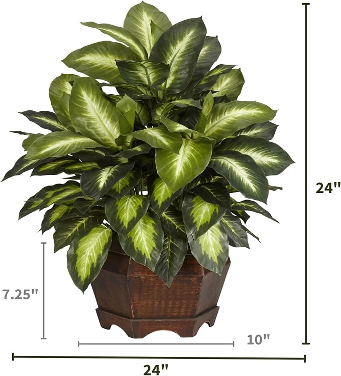 Nearly Natural 24 in Artificial Golden Dieffenbachia Plant with Pot | Variegated Foliage Silk Plant, Modern Hexagon Planter, Maintenance-Free Indoor Faux Greenery, Room Decor