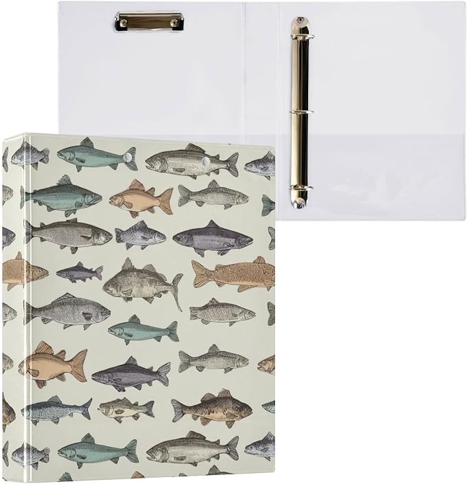 Aslsiy 3 Ring Binder 1.5 Inch Fish Vintage Color Round Clipboard Binder White Decorative Harcover Binders Organizer for Office Supplies