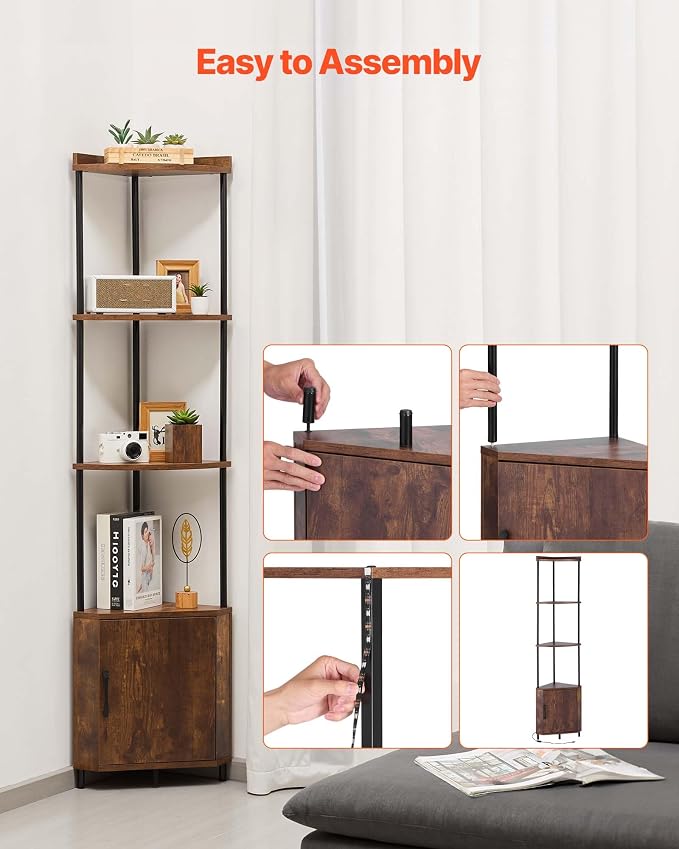 VEVOR 5 Tier Corner Shelf with LED Light, 65.4" Tall Corner Bookshelf with Storage Cabinet, Display Shelf with Multi-Color Lights Controlled Via RC/APP for Bedroom, Living Room, Office