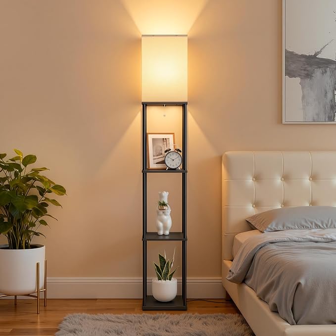 Floor Lamp with Shelves, 3-Tier Modern Square Bookshelf Standing Lamp Black | 3 Color Temperature Bulb Included, Pull Chain Tall Lamp for Living Room Bedroom Corner Office Apartment Decor