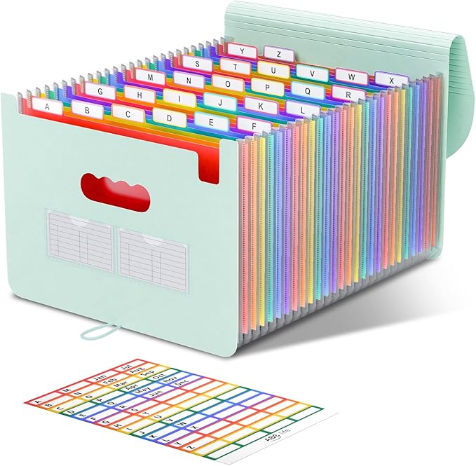 ABC life 26-Pocket Accordion File Organizer, Expanding File Folder, Letter/A4 Size Plastic Monthly Bill & Tax Receipt Holder with A-Z Tabs for Home, Office, Classroom - Sage Green