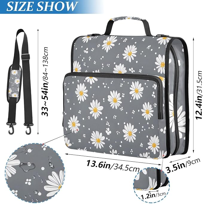 3 D-Ring Zipper Binder Bag, White Daisy Dots Grey Pattern Removable Binder with Zipper Case Hold 300+ Sheets& 13 Inch Laptop for School Office Supplies Organizer