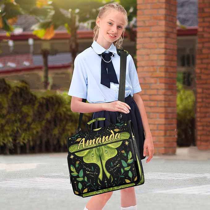 Custom 3 Ring Zipper Binder Mystical Green Moon Moth Boho Personalized Name 1.5 inch Binders Large Capacity Multi Pockets for School Office Supplies