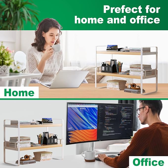 YGYQZ Desk Shelf Organizer, 2-Tier Desktop Bookshelf, White & Wood | Detachable Design, 2-Tier Storage, Multi-Use Desktop Shelf, Compact Organization, Ideal for Office, Dorm & Home