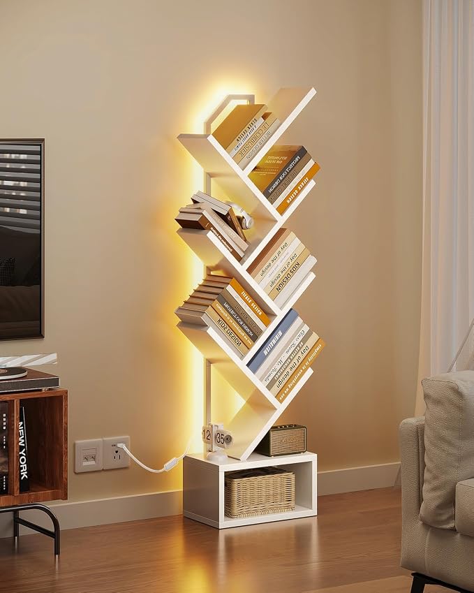Casaottima Tree Bookshelf with LED Lights, 6-Tier Small Bookshelf, White | Narrow Bookcase for Small Spaces, Steel & Wood Storage Shelf with Cabinet, Home Organizer for Living Room, Bedroom, Office