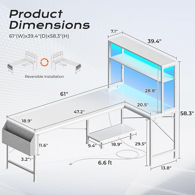 L Shaped Gaming Desk with LED Lights & Power Outlets | Reversible Computer Desk with Storage Shelves & Bag, Large Corner Home Office Desk with Pegboard for Work from Home, White