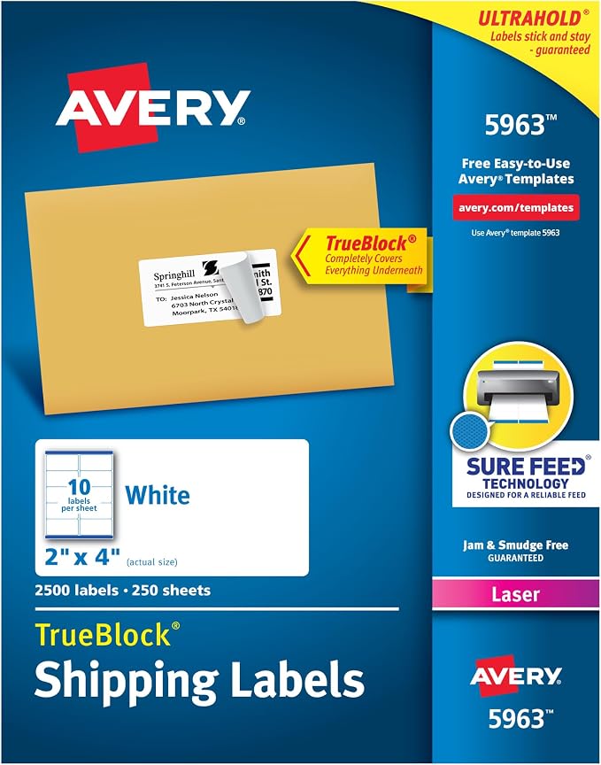 Avery® Printable Shipping Labels, Sure Feed® Technology, 2" x 4" Customizable Stickers, White, 2,500 Blank Mailing Labels, Great for Mailing, Shipping, and More (5963)