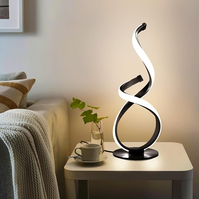 Modern Dimmable LED Spiral Touch Table Lamp for Nightstand | 3 Color Temperature Desk Lamp, Unique Bedside Light for Living Room, Bedroom, Cool Lamps for Ideal Gift, Black