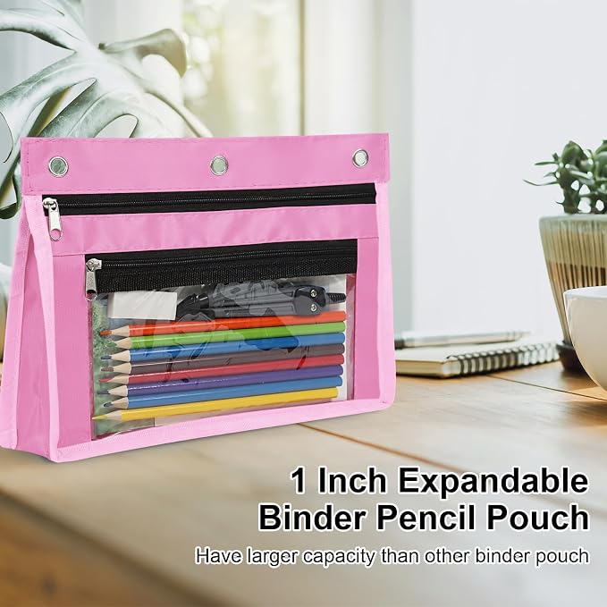 YoeeJob 18 Pack 1 Inch Expandable Zipper Pencil Pouches with Clear Window for 3 Ring Binder, Suitable for School & Office（Pink）