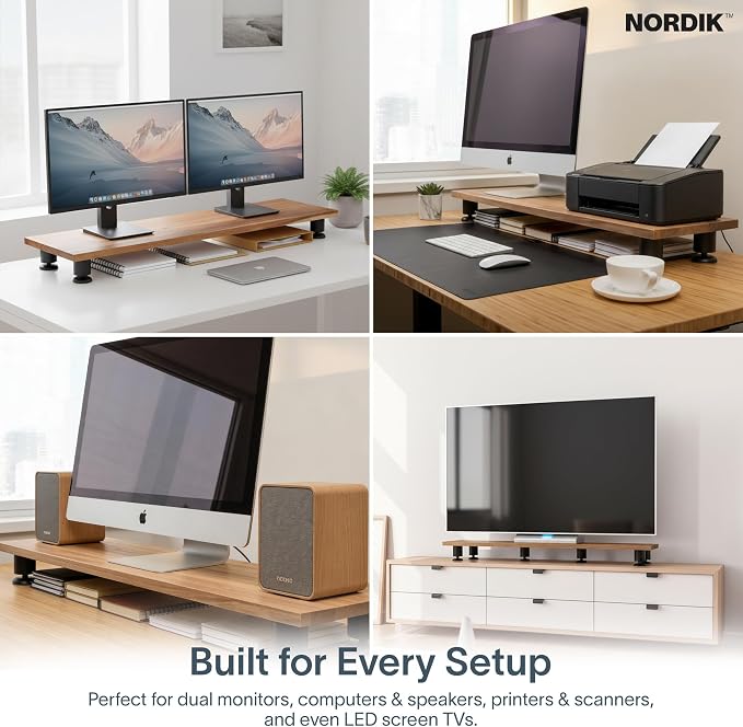 Nordik Dual Monitor Stand Riser -Hardwood Acacia Monitor Shelf (42x10.5 in) | Premium Handmade Acacia Wood Monitor Stand - Easy to Assemble Monitor Riser - Double Monitor Riser with Storage Organizer