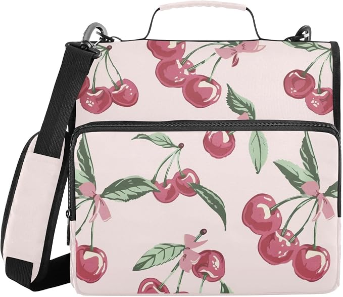Cherry Leaves Pink Bows Zipper Binder with Shoulder Strap Bag 3 Ring Binder Organizer Large Capacity Multiple Compartments for School Office
