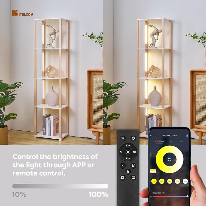 Floor Lamp with Shelves, Modern Shelf Lamp with Remote/APP Control, Standing Lamp for Living Room and Bedroom, 5-Tier Display Shelf with Dimmable Lights, Tall Lamp, White/Natural Wood