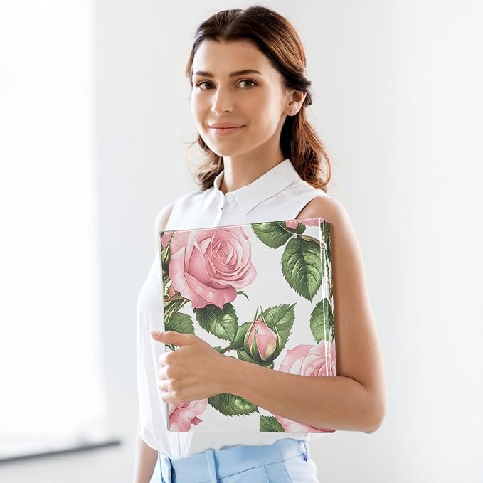 3 Ring Binder Pink Rose Floral Green Leaves 1.5 inch Binders Three Ring Binders with Clipboard Fit 8.5'' x 11'' Paper 3 Interior PVC Clear Pockets for Office Supplies