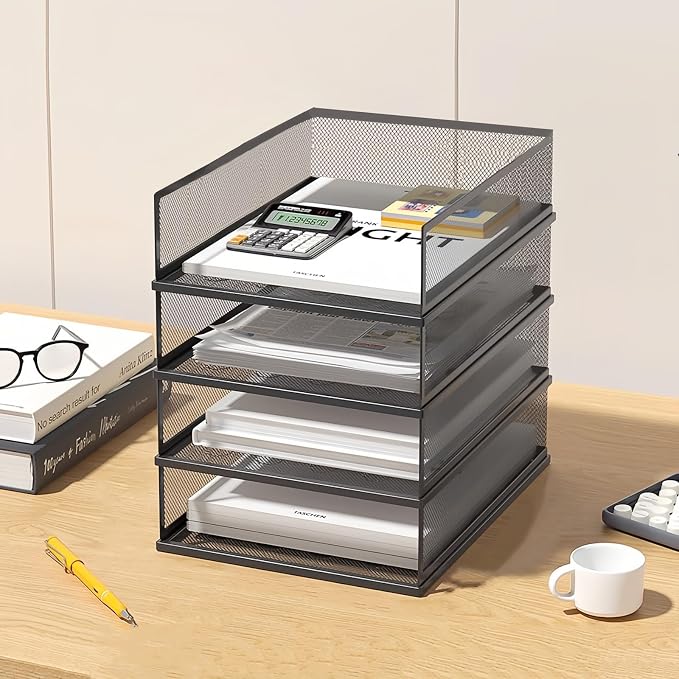 A3 Mesh Desk File Organizer, Stackable Paper Tray，Desktop Document Sorter, File Storage, 3/4/5-Tier Paper Letter Tray Organizer, Desk Accessories & Workspace, Black (4 Tier-Portrait-Black)