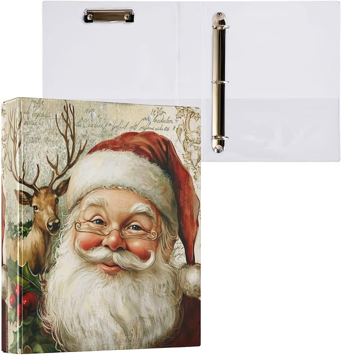 Vintage Santa Claus Reindeer Christmas 3 Ring Binder 1.5" Decorative D-Ring Binder with Clipboard&3 Clear Pockets, Holds 200 Sheets A4 Size Paper Waterproof Binders for School Home Office