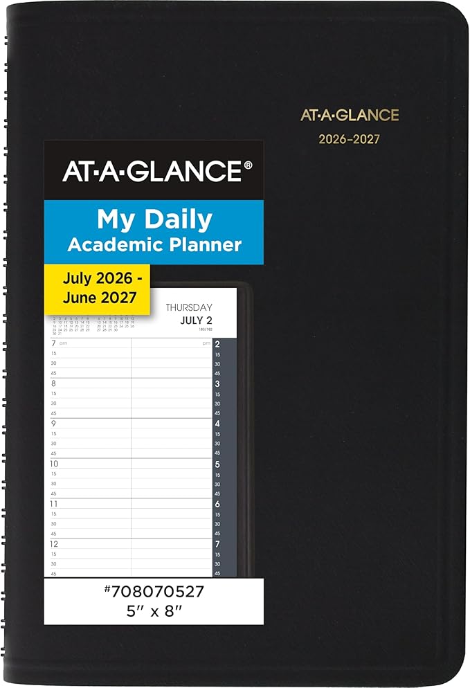 AT-A-GLANCE Planner 2026-2027 Daily Academic 12-Month July-June, Quarter-Hourly Appointment Book, 5" x 8", Black (7080705)
