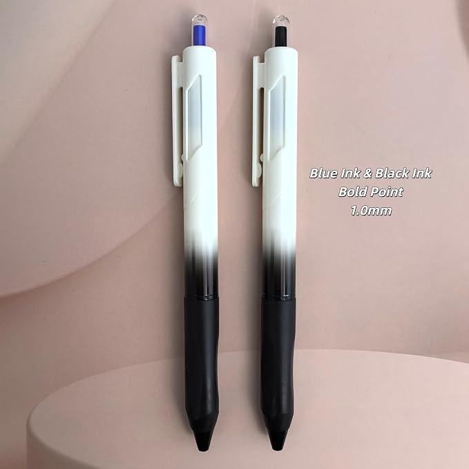 Fengtaiyuan Retractable Gel Pens, 1.0mm Bold Point Assorted Colors (4Black + 2Blue) Quick Dry Ink, Gradient Black-White Barrel with Ergonomic Non-Slip Grip, Smooth Writing [Pack of 6]