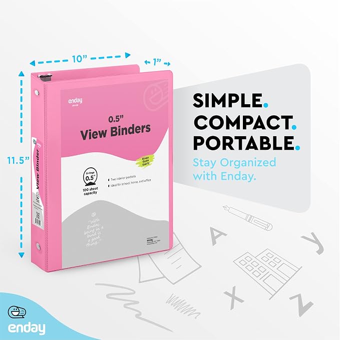 Enday 1/2 inch Binder 3 Ring Binder (24 Pack - Pink) O-Ring Binder with Clear View Cover and 2 Inside Pocket - for Letter Size 8.5 x 11'' Paper, Ideal for School Supplies, Office, and Home
