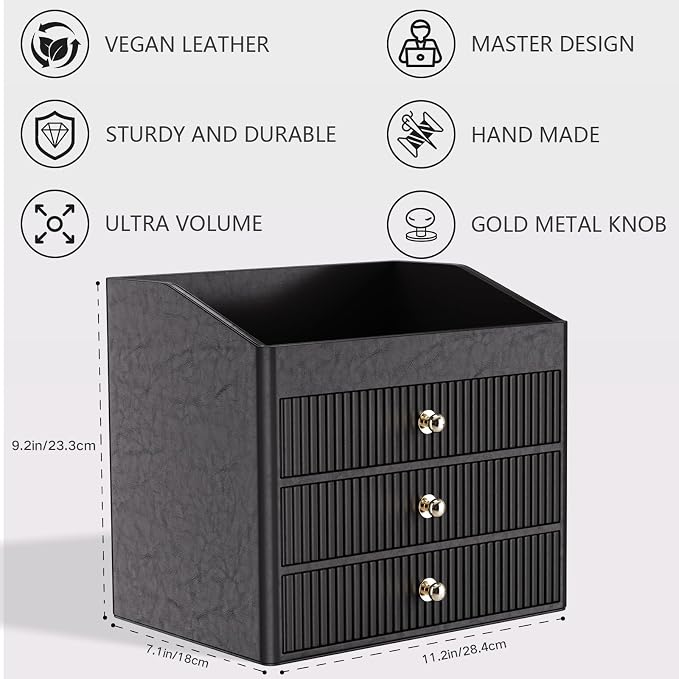 LADSTAG Desk Organizers and Accessories,Black Vegan Leather Desktop Organizer with 3 Drawers & Tray for Bedroom,Bathroom,Lipstick,Nail Polish,Skincare,Perfume,Jewelry Box