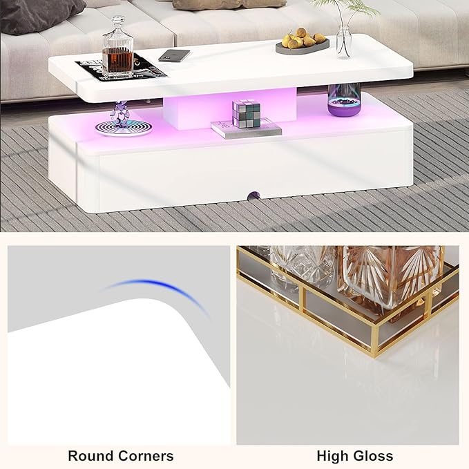 MXV Modern Coffee Table, 40 Inches Coffee Tables with 16 Colors LED Lights, 2 Tier Rectangular Center Table, Large Storage Space, High Glossy Wooden Tea Table for Living Room, Bedroom, Office, White