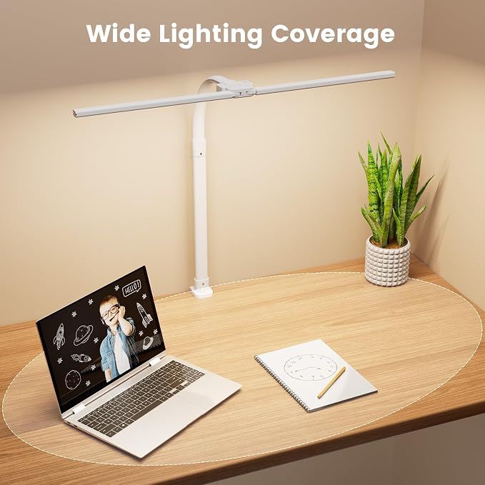 LED Desk Lamp - Bright Dimmable Computer Lamp, 24W Bendable Desk Light for Monitor Screen, Eye-Caring Tall Desktop Light for Task Home Office Work, White, Dual Head