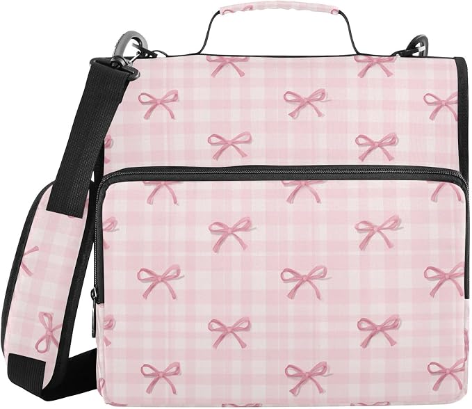 Aslsiy Zipper Binder Bag for Girls Boys Pink Bows on Plaid Checked (5) Kids 1.5 inch 3-Ring Binder Organizer with Shoulder Strap for School Office Supplies