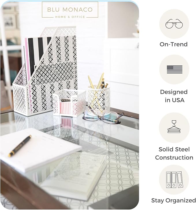 BLU MONACO | White Desk Organizer Set 6 Piece | Mail Sorter Organizer Countertop with Letter Sorter for Desk | Standing File Organizer for Desk with Pen Holders