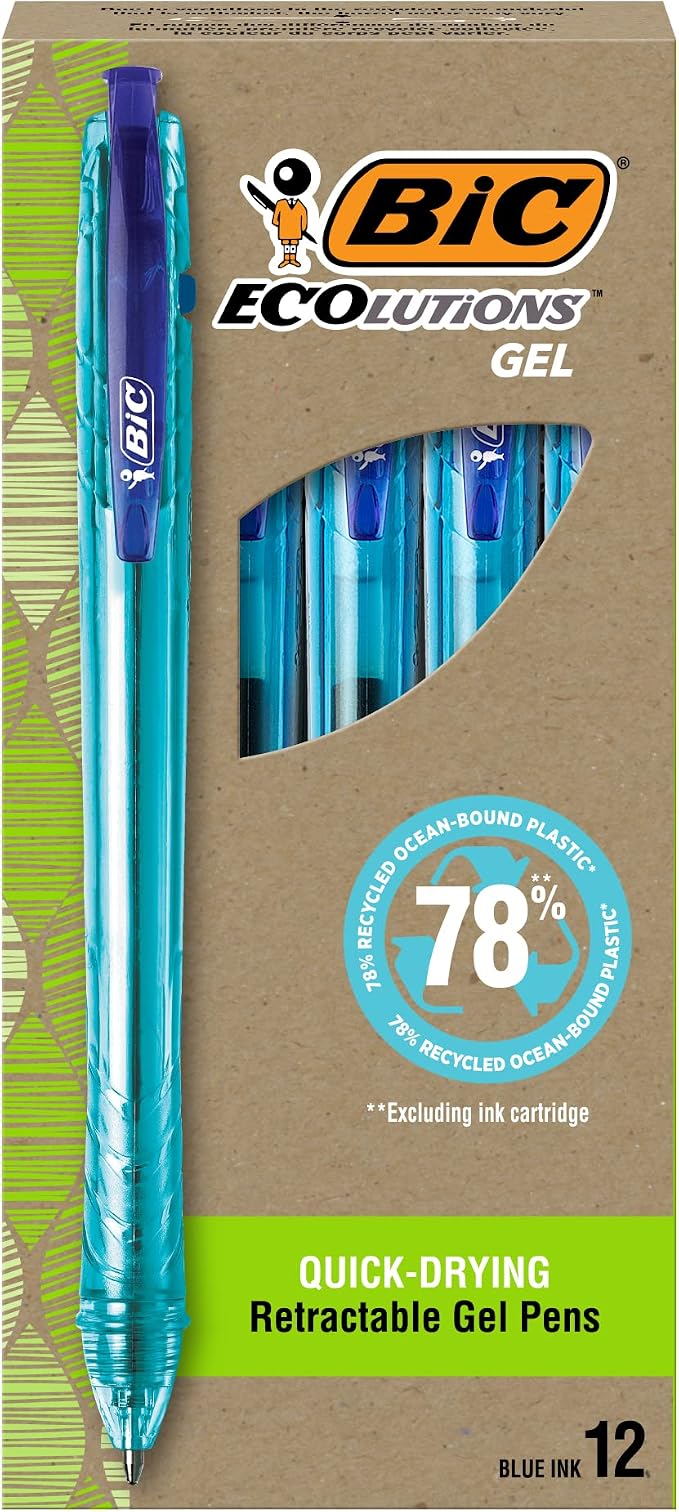 BIC Ecolutions Gel Pen, Medium Point (1.0mm), Blue Ink, 12-Count