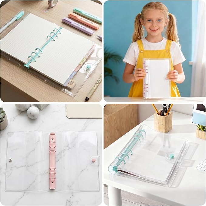 A5 Binder 6 Ring, Clear PVC Notebook Cover, Refillable Planner | Loose Leaf Budget Binder with Snap Button Closure, Round Ring Binder for School Office Home, 2 Pack, Blue and Pink