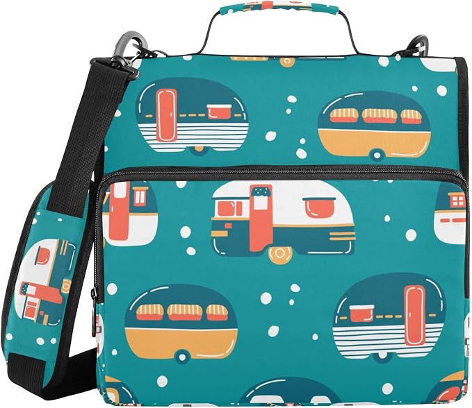 Fisyme Cartoon Camping Trailers Zipper Binder 3 Ring with Zipper and Shoulder Strap Large Capacity Multi-Pocket Zipper Binder Organizer