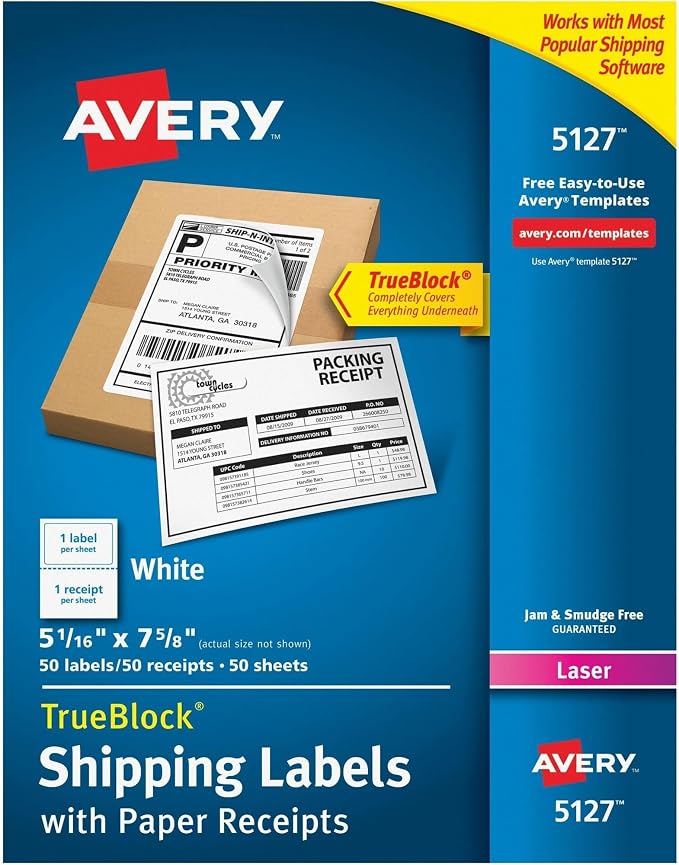Avery® Printable Shipping Labels with Paper Receipts, 5-1/16" x 7-5/8", White, 50 Blank Mailing Labels (5127)