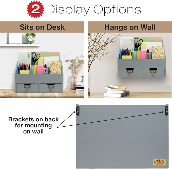 Wood Desk Organizer, 6 Compartments 2 Drawer Supplies Rack - Solid Gray